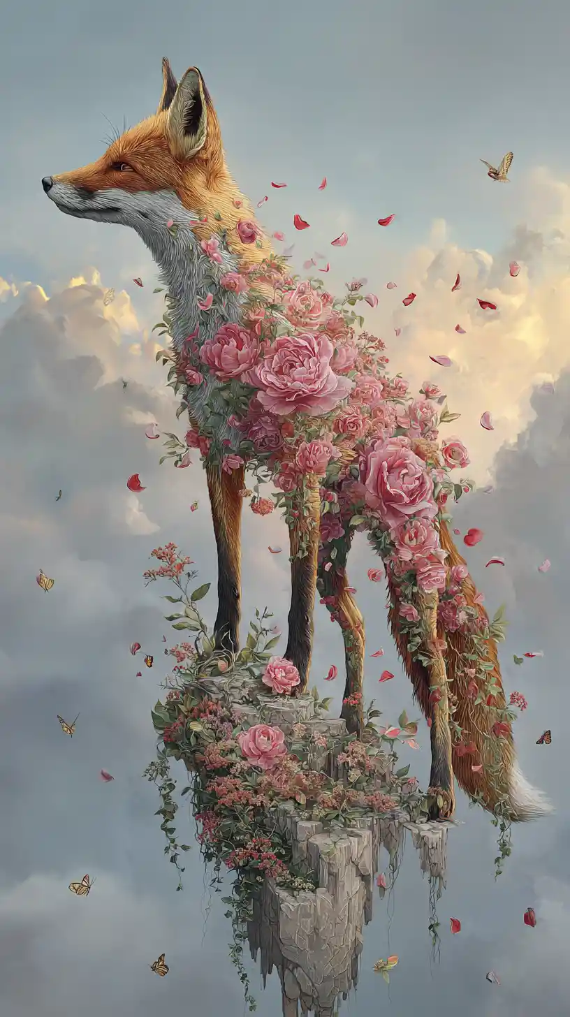 Surreal fox of flowers in a fractured dream landscape