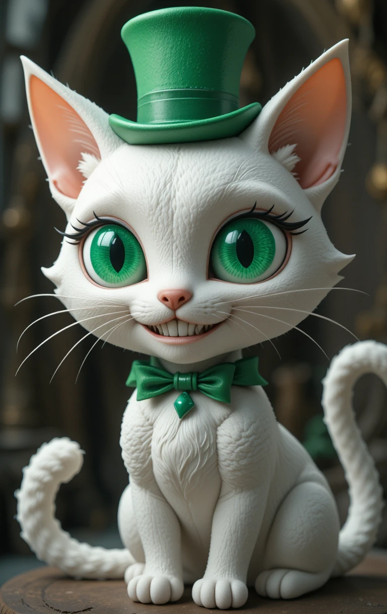 Smiling white 3D kitty with green hat and big emerald eyes