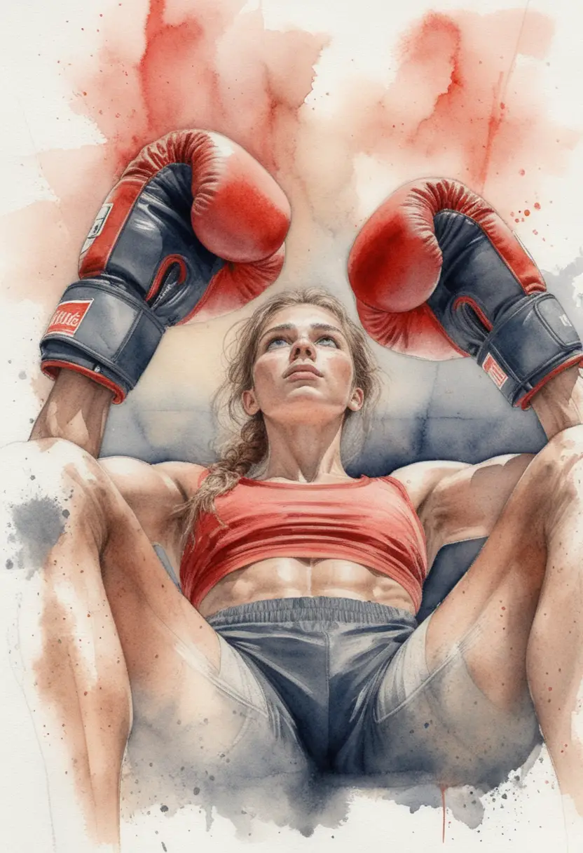 Athletic woman boxer in low angle defensive ring portrait