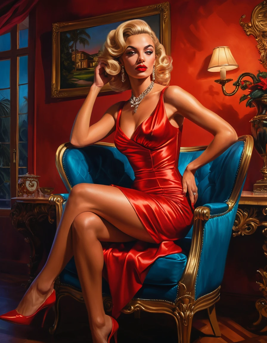 Seductive blonde woman in red dress in neon villa lounge