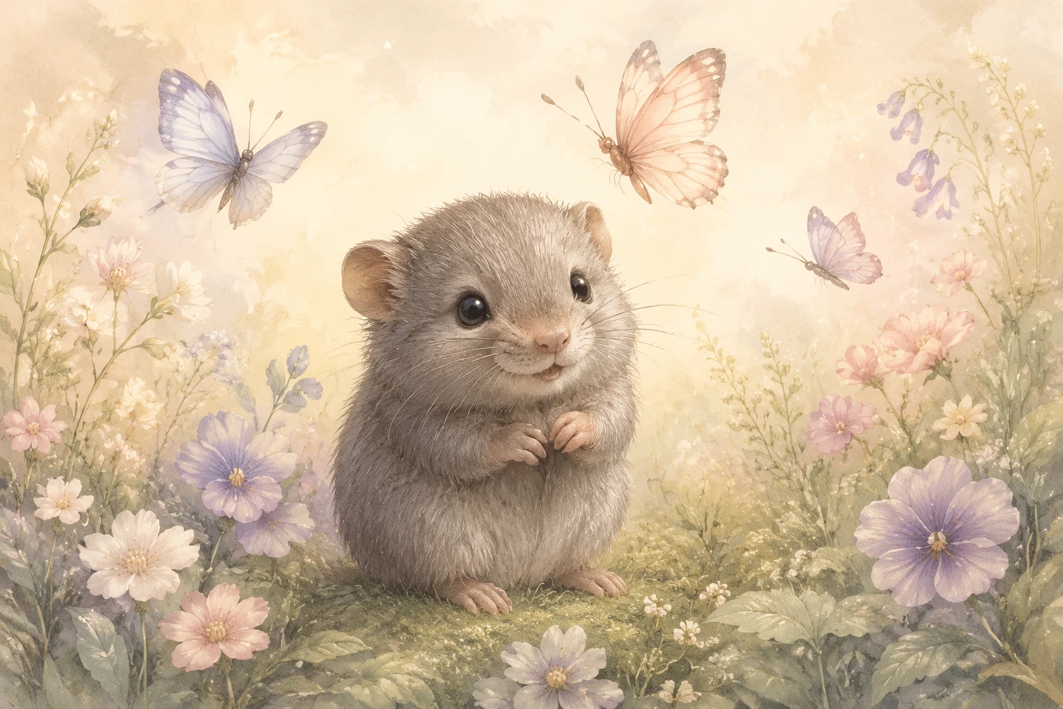Cute baby vole on soft meadow with butterflies