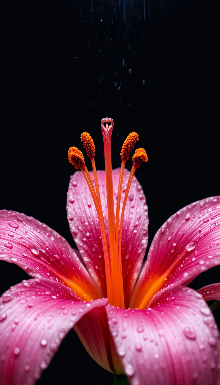 Close up of pink and orange lily with water droplets