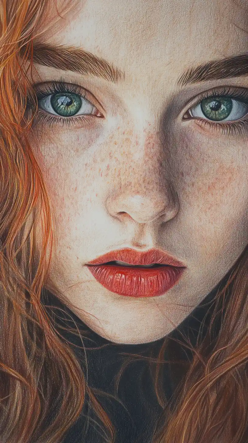 Curly auburn haired girl with green eyes portrait