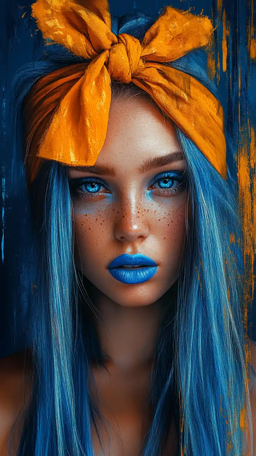 Blue haired girl portrait with orange headband in pop art