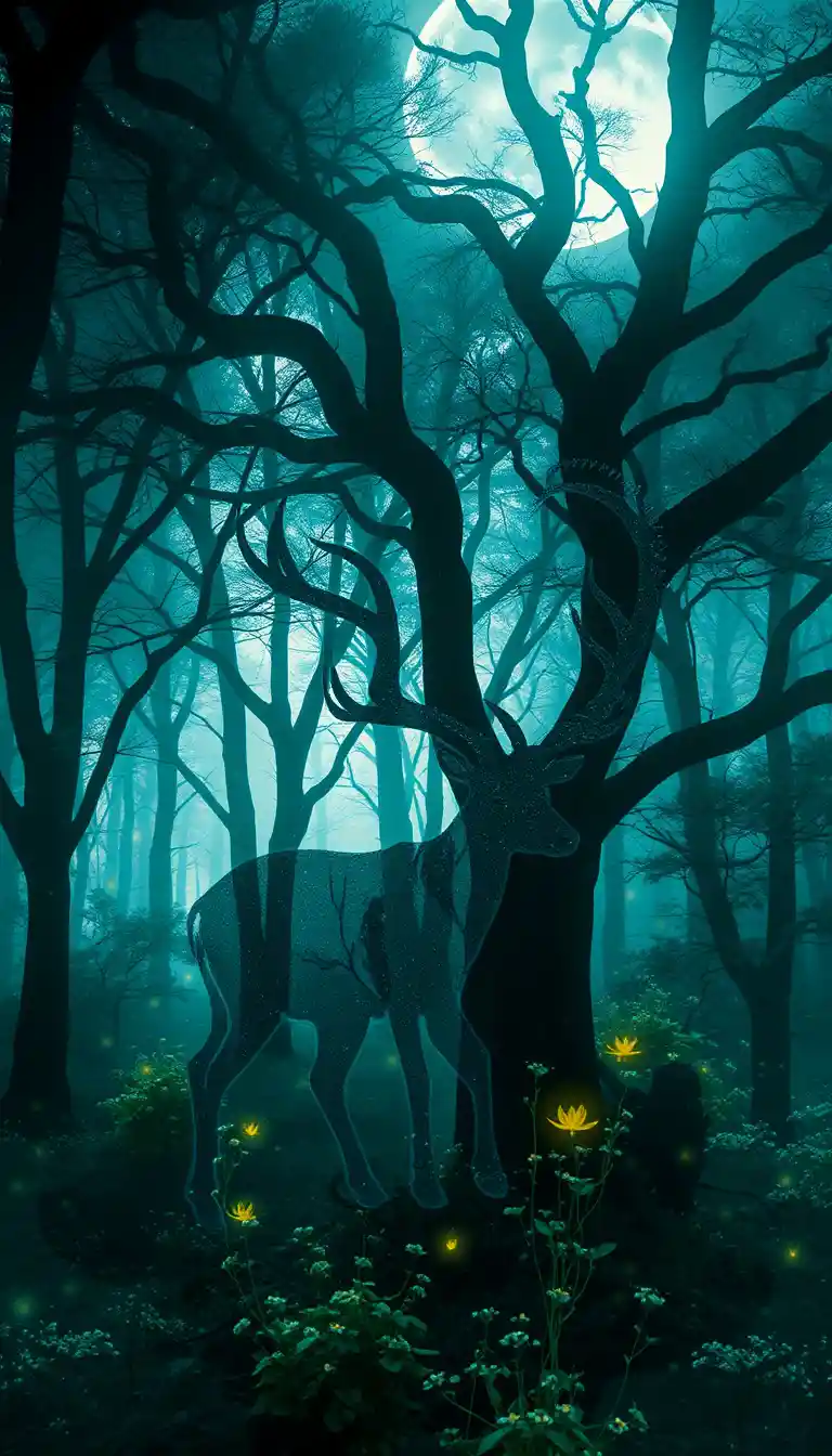Mystical stag silhouette fused with glowing moonlit forest