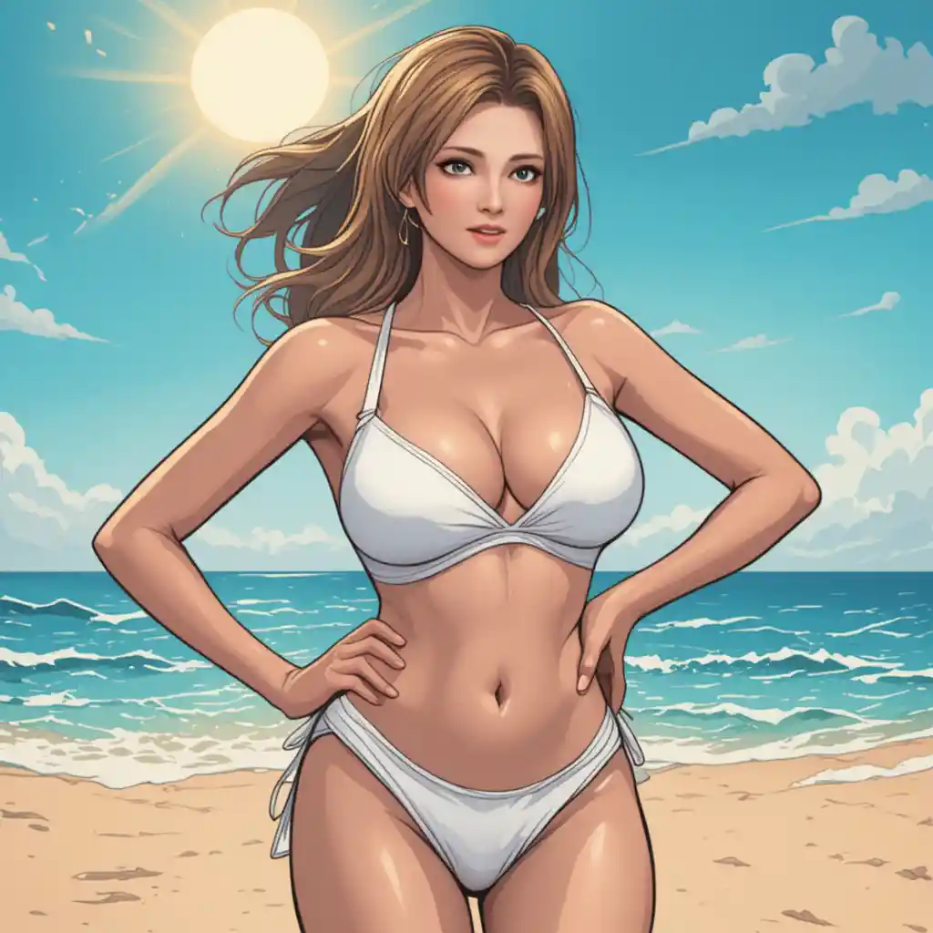 Playful woman posing in white bikini on sunny beach