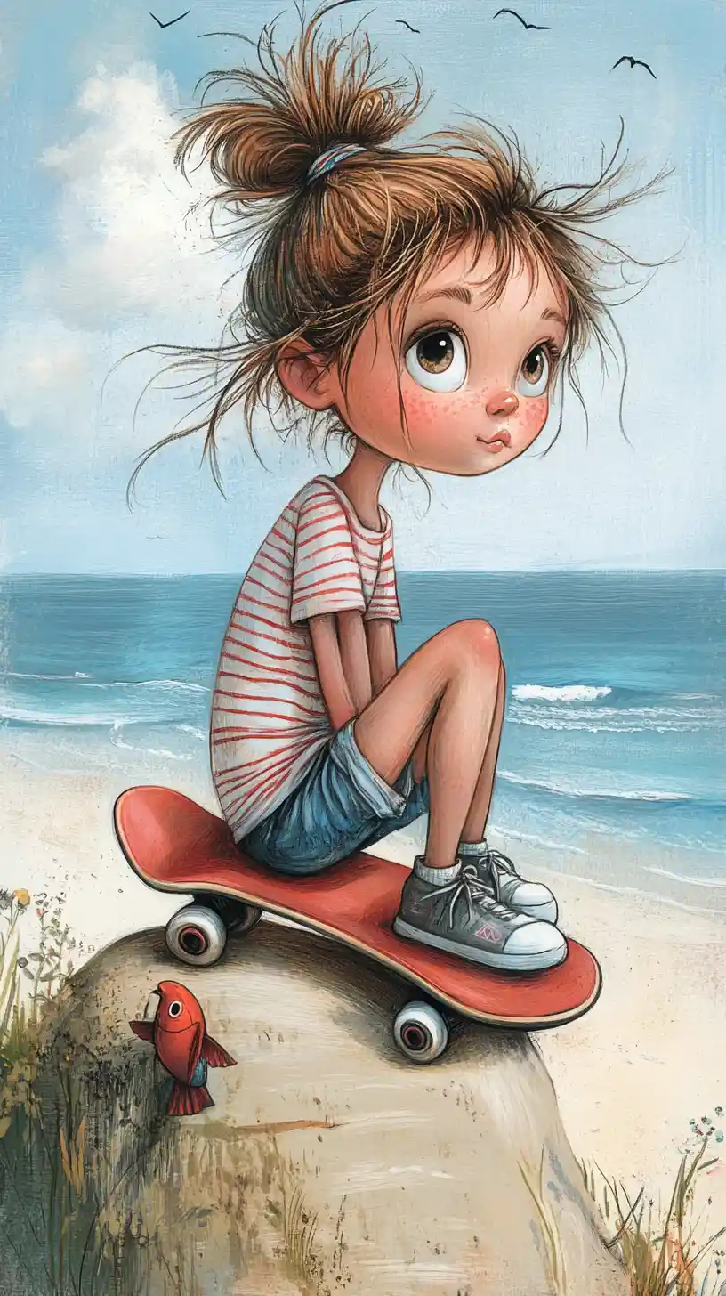 Whimsical girl on skateboard above a sunny seaside cliff