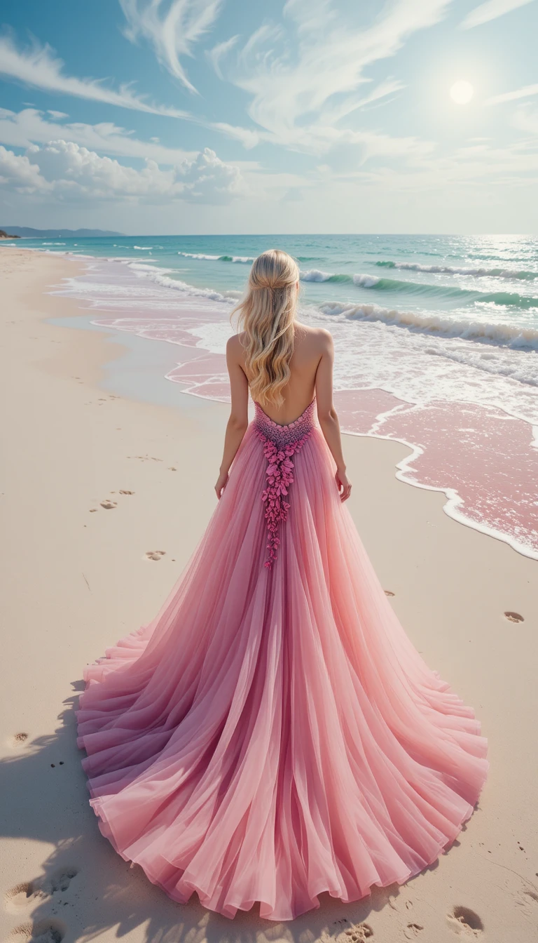 Woman in flowing gradient gown walking along pink shore