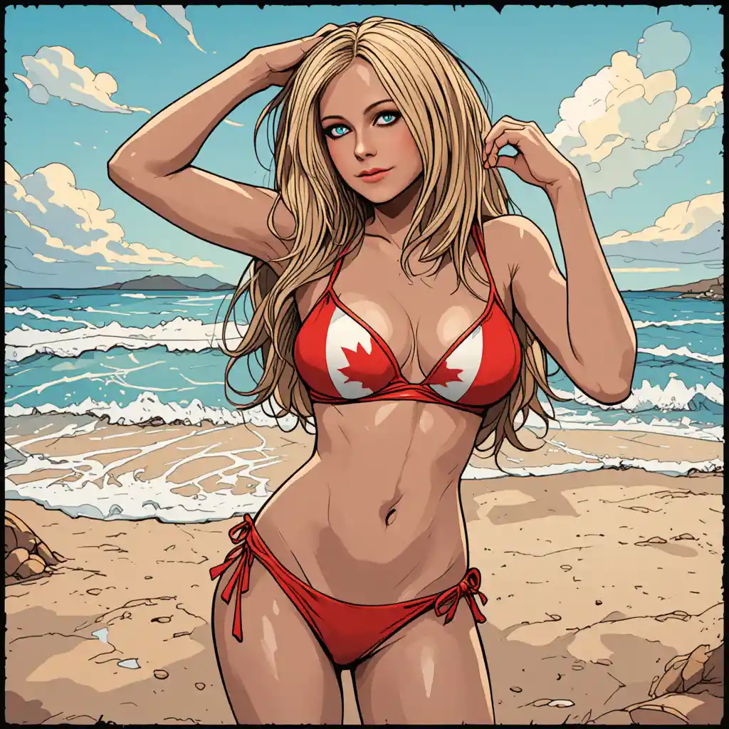 Woman in Canada flag bikini posing on sunny beach