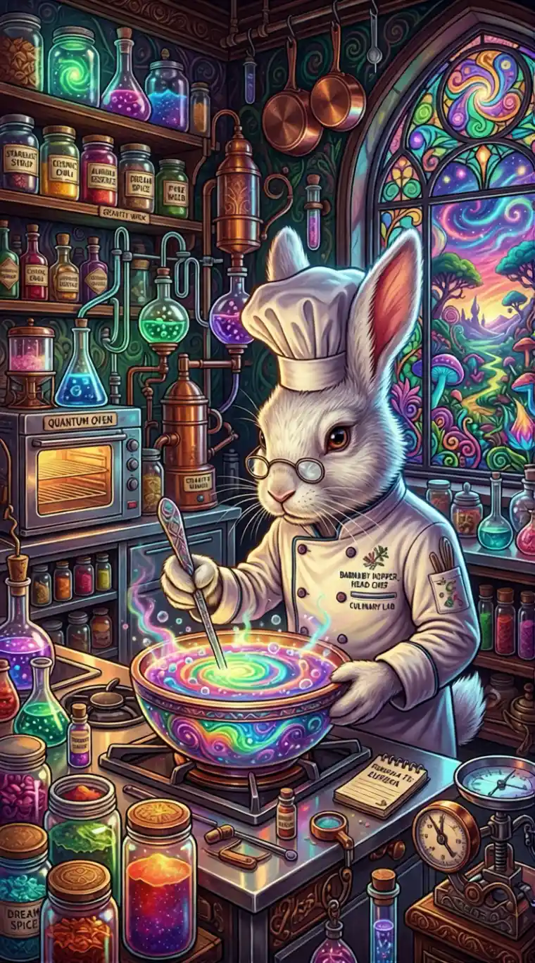 Anthropomorphic rabbit chef studying a glowing alchemical bowl