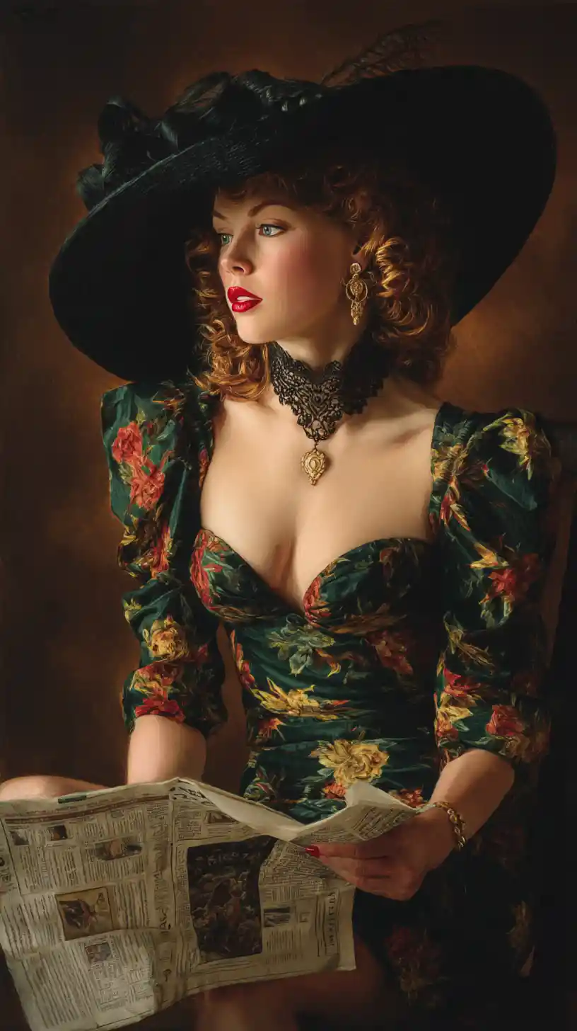 Vintage pin up woman reading a newspaper in shadowy light