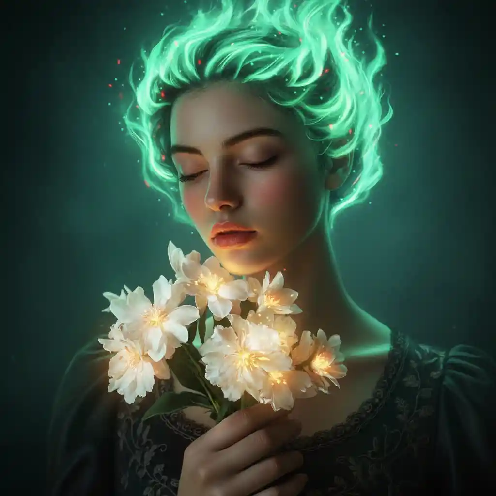 Woman lit by glowing flowers and emerald flame hair