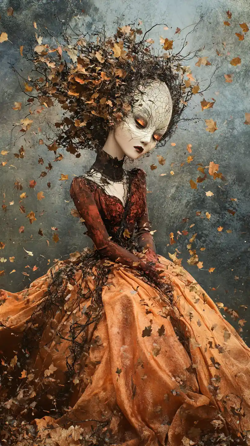 Surreal autumn gown in a field of suspended falling leaves