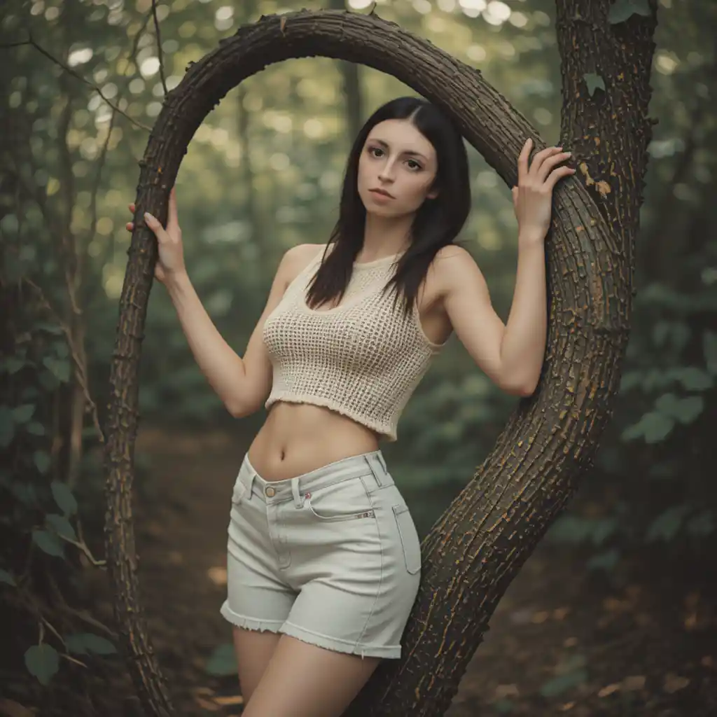 Young woman leaning on tree branch in forest scene