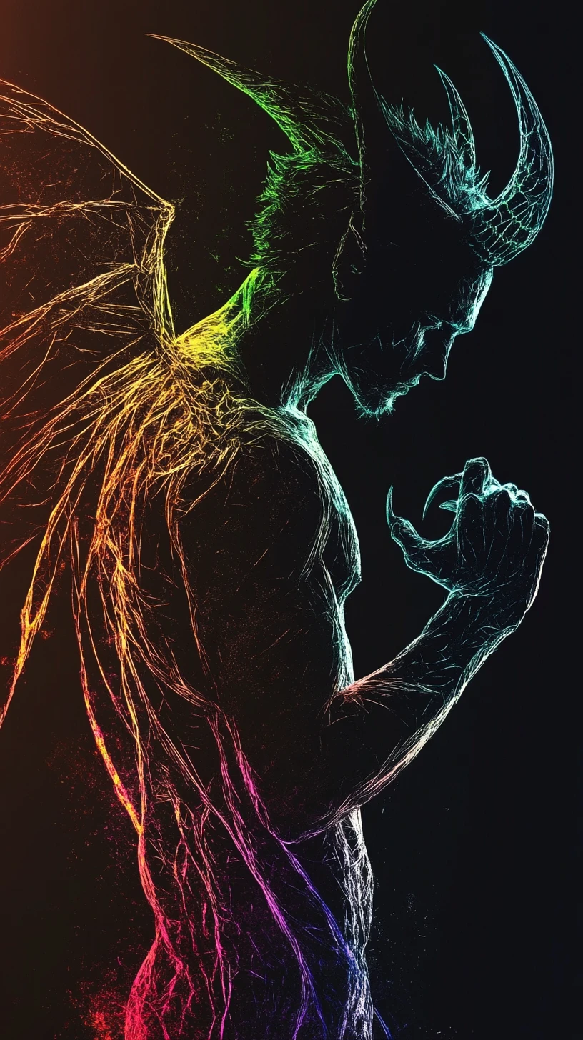 Horned winged demon silhouette with neon rainbow highlights