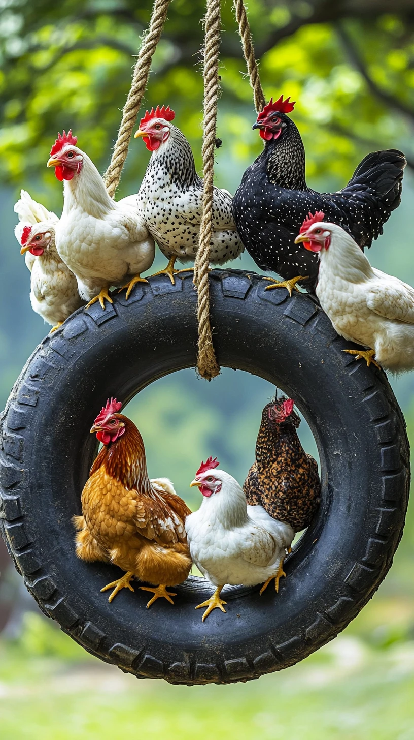 Colorful chickens perched together on a rustic tire swing