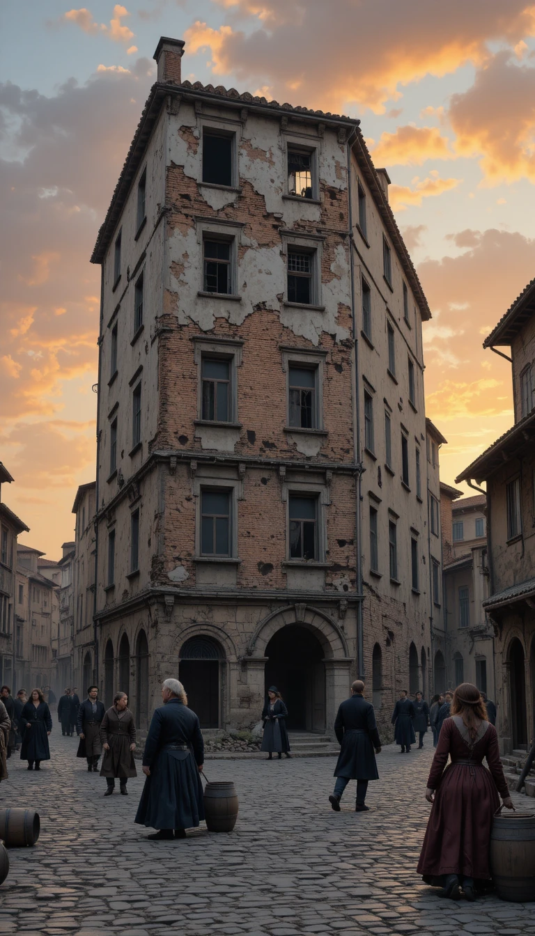 Crumbling multi story building on a busy cobblestone street