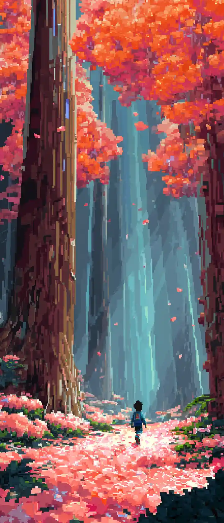 Anime boy running through a glowing pixelated binary forest