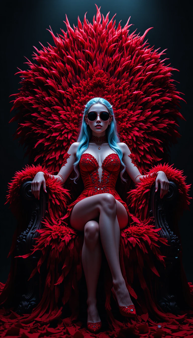 Blue haired girl in red dress on dramatic feathered throne