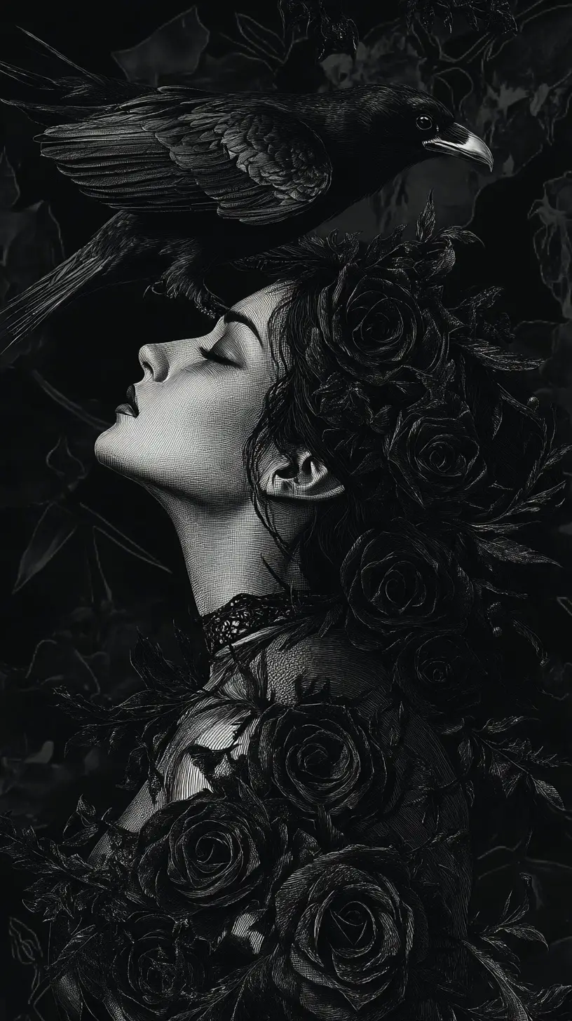 Dark feminine profile merging with raven and black roses