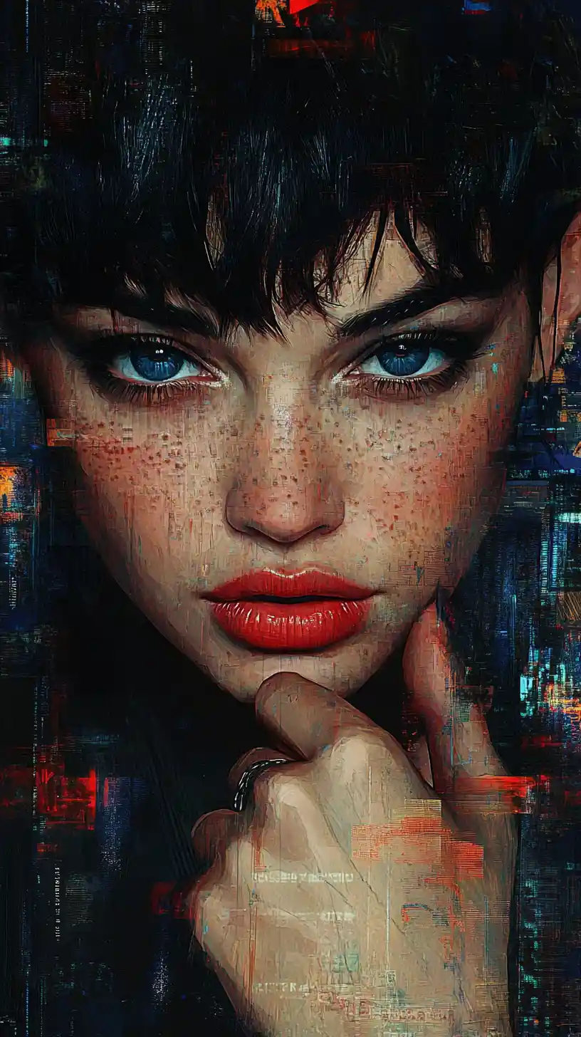 Bold pop art portrait of a woman with blue eyes