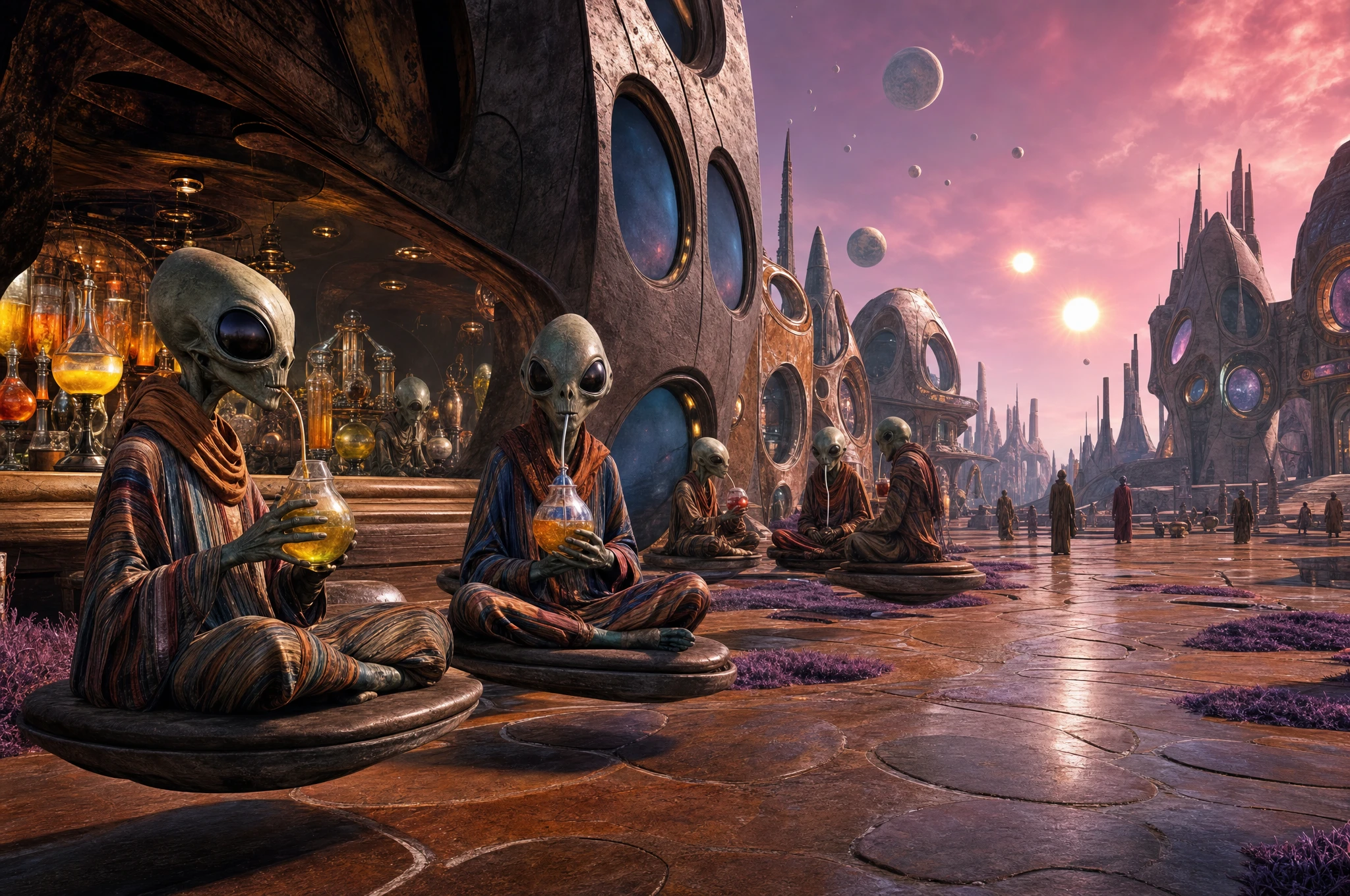 Alien city square with bar and levitating stone seating