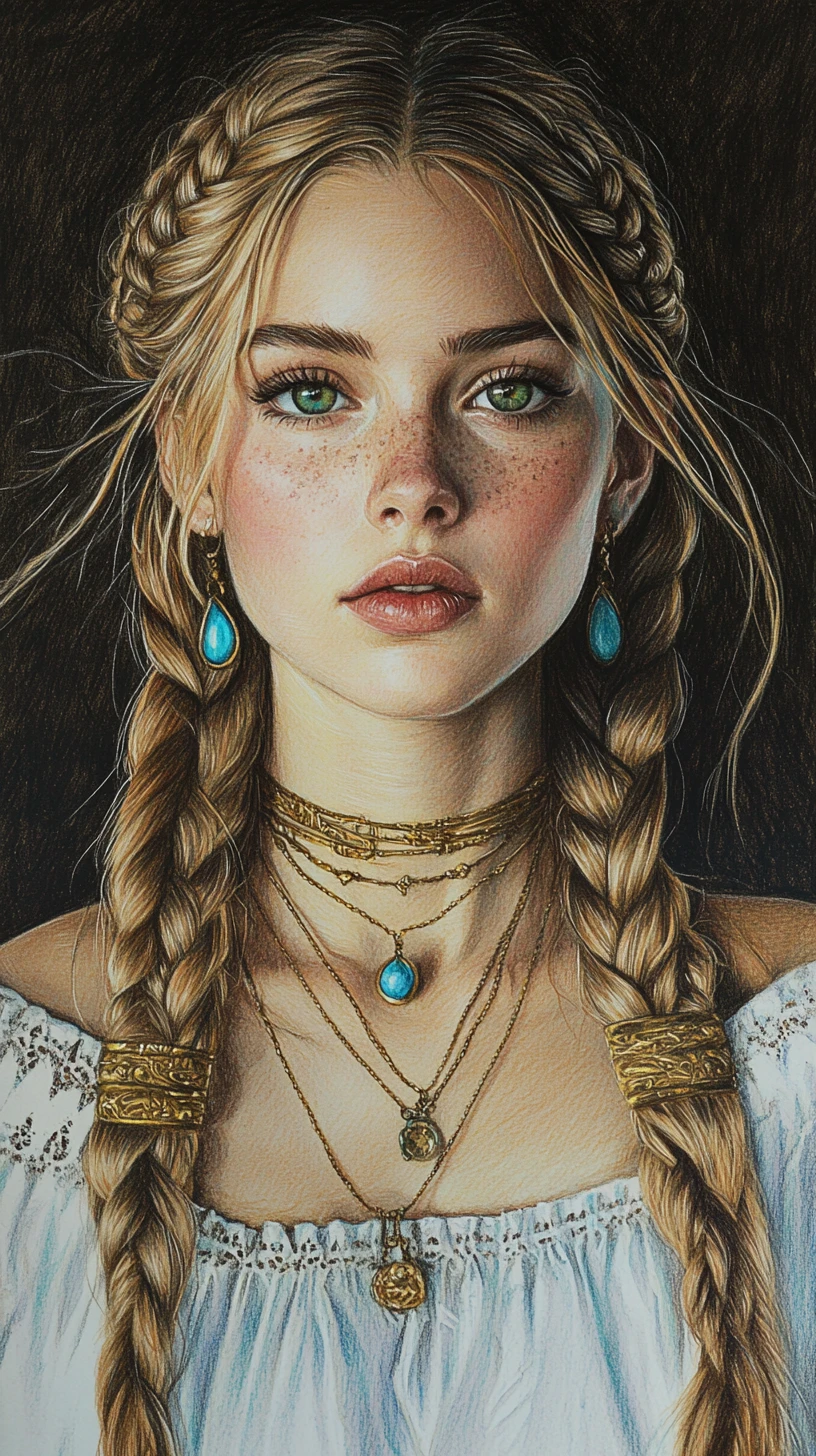Blonde braided girl portrait in warm chiaroscuro light