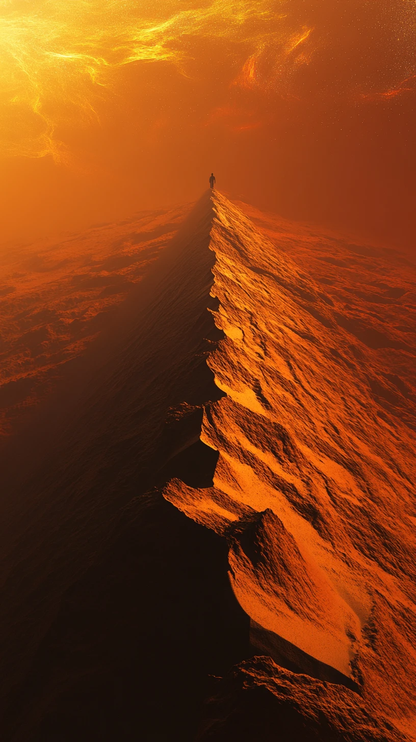 Figura solitaria in cima a una duna luminosa nel deserto al tramonto cosmico