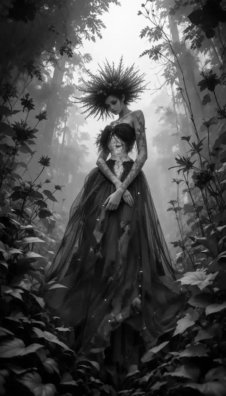 Surreal noir fashion illustration of plants from low angle