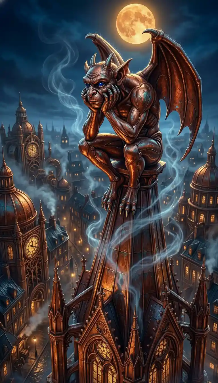 Copper gargoyle overlooking a moonlit steampunk city
