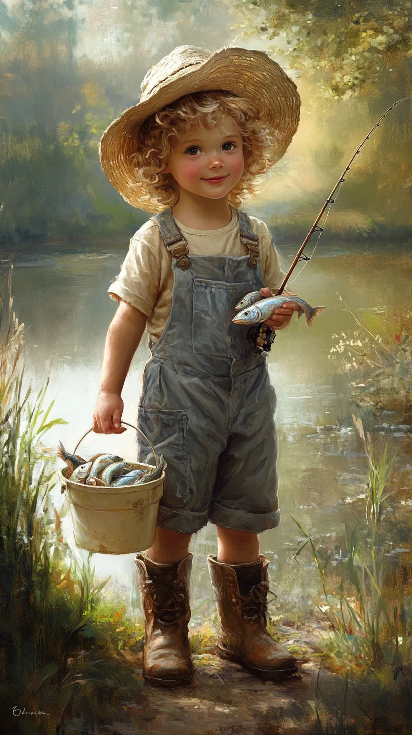Young boy with fishing gear by a tranquil lakeside