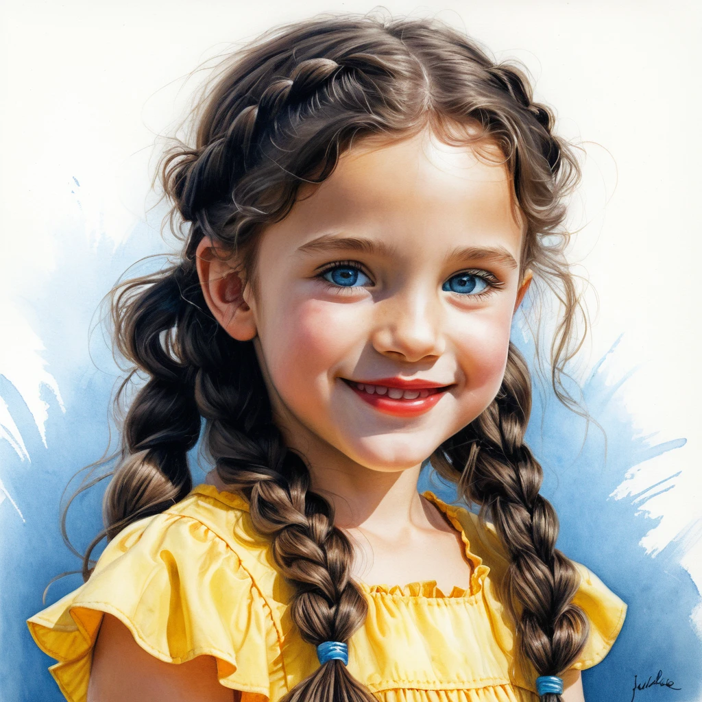 Niña sonriente con vestido amarillo y largo cabello rizado negro