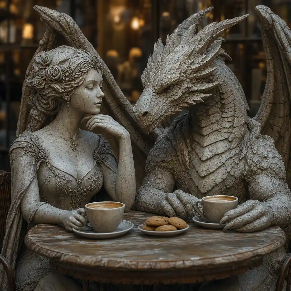 Stone woman and dragon sharing coffee in a cozy cafe