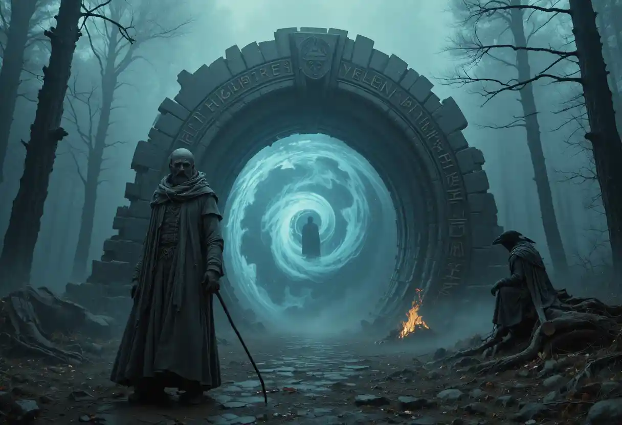 Ancient wanderer before a glowing runic stone gate
