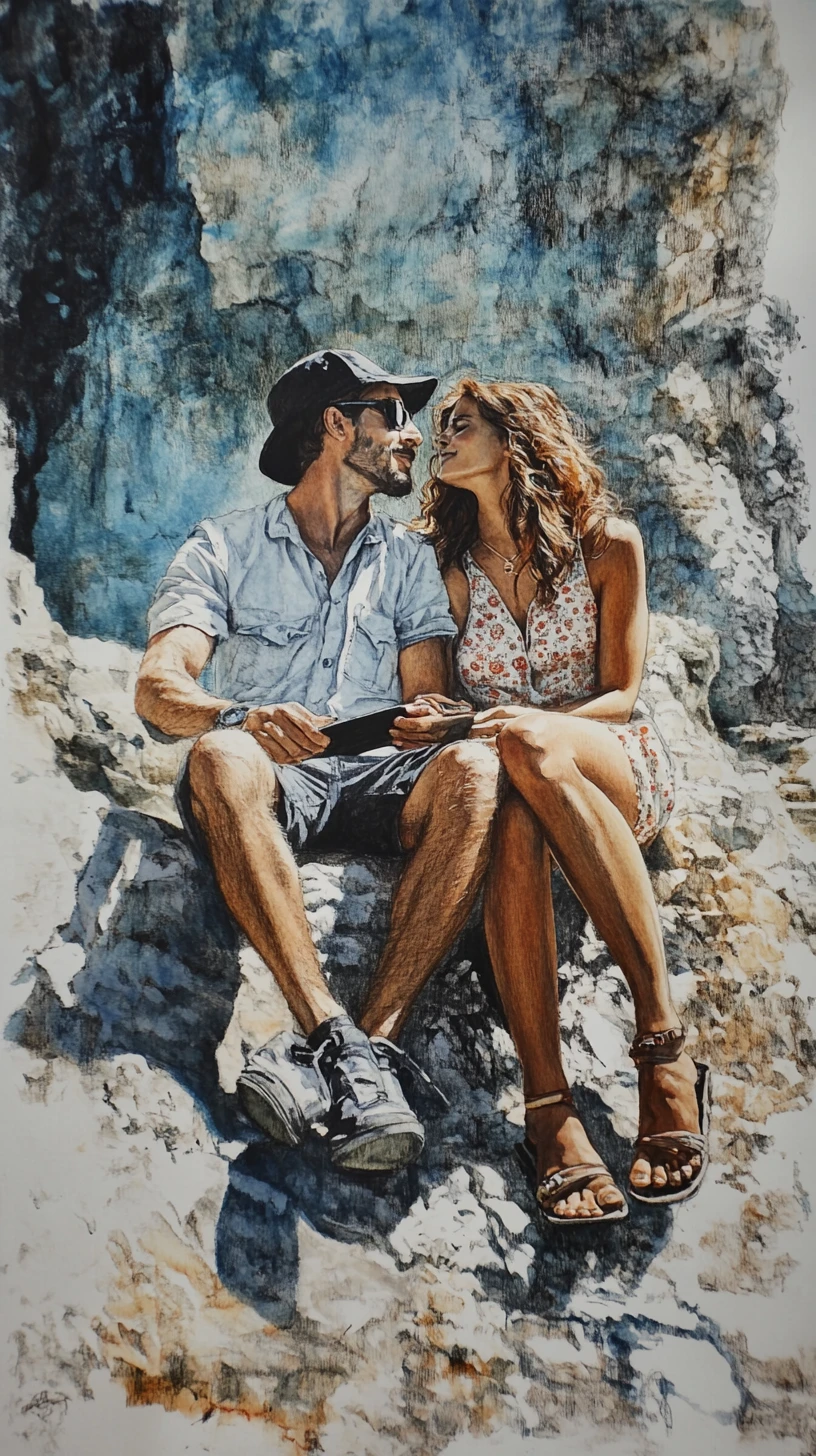 Color pencil drawing of a tender couple on stone steps