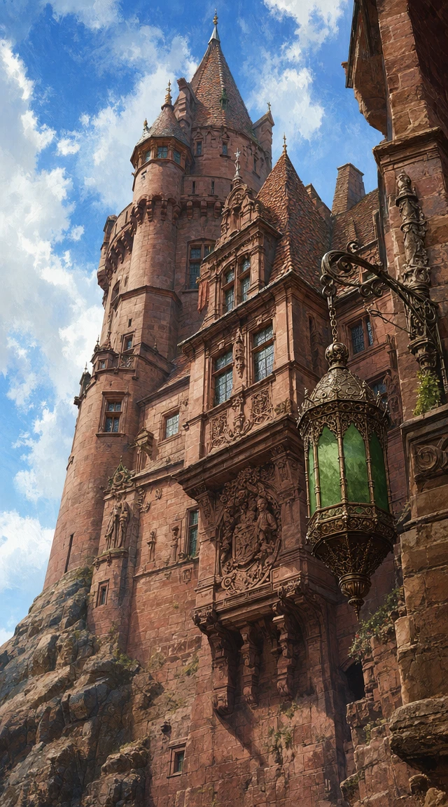 Medieval sandstone castle facade with turrets and lantern