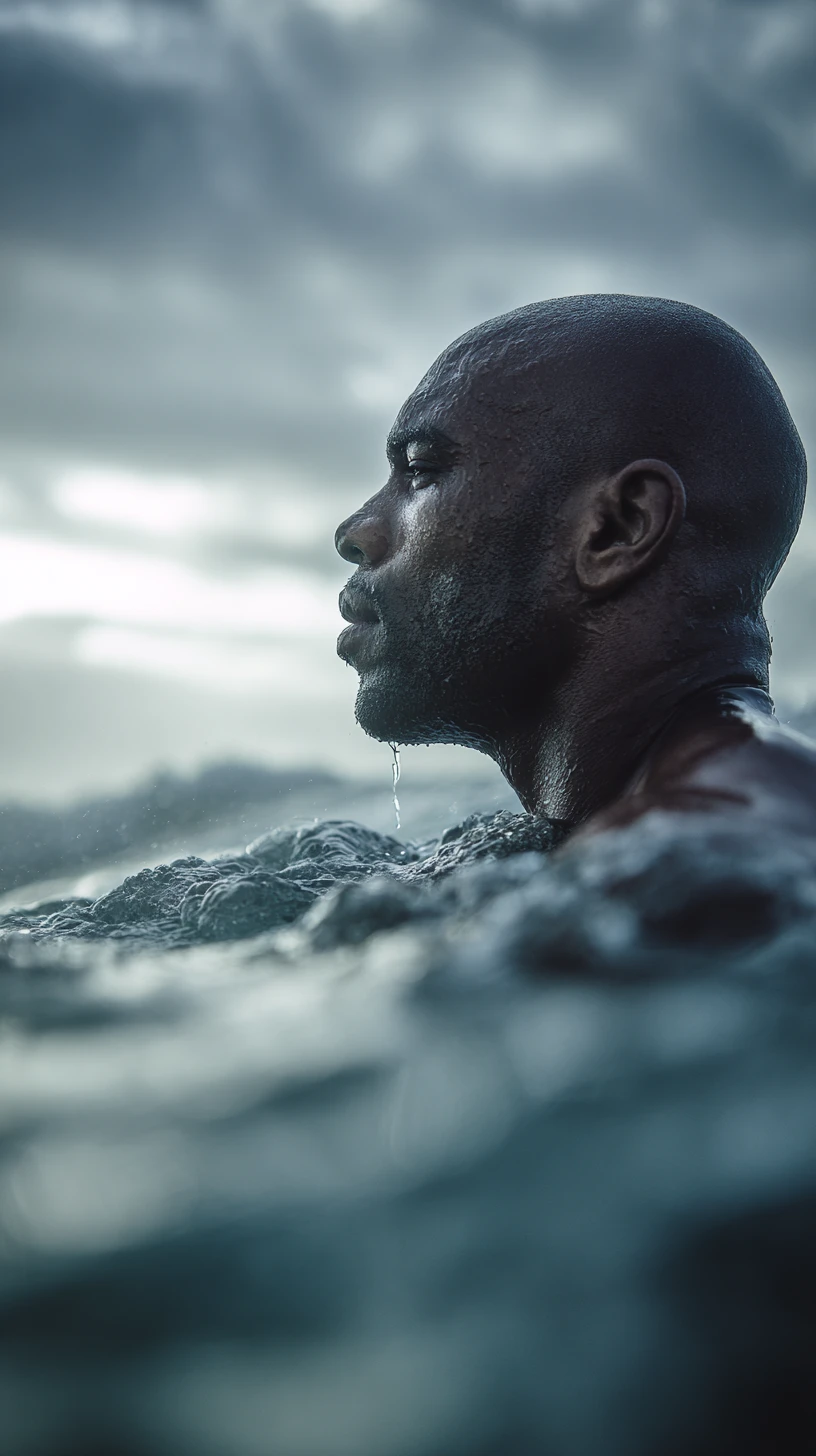 Joyful bald man playing in a surreal rolling ocean