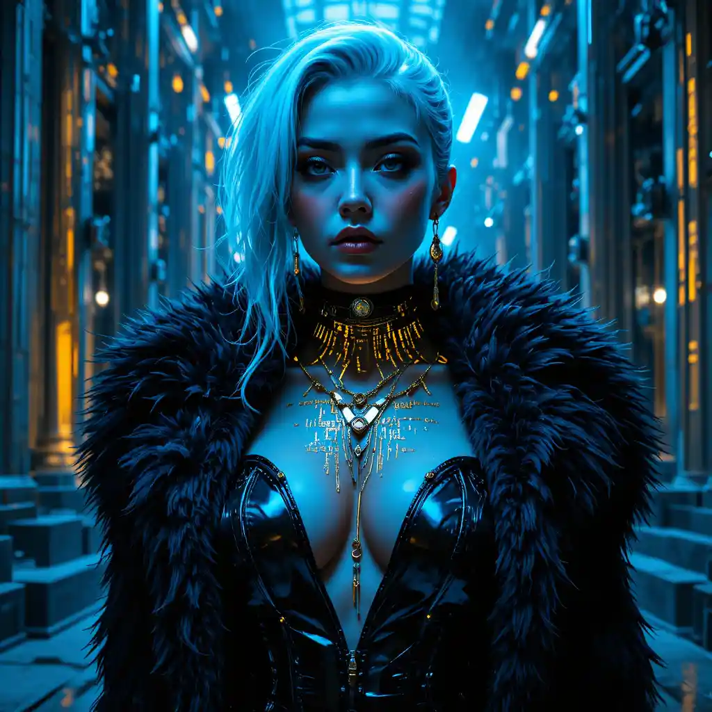 Cyber noir woman in brutalist studio with code tattoos