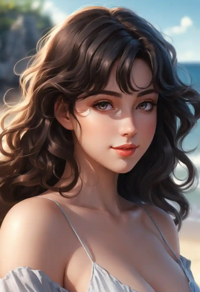 Anime close up of a curvy woman at the beach
