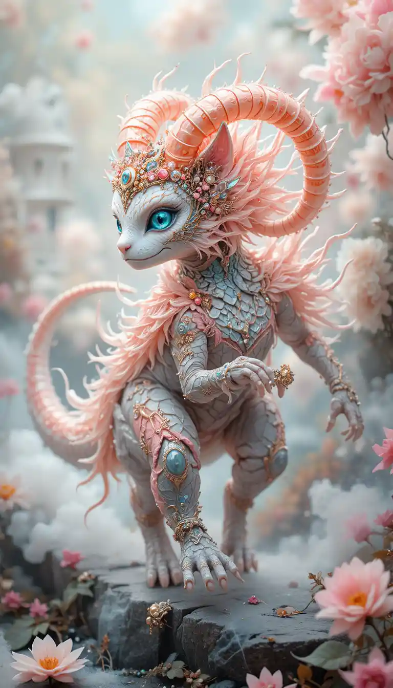 Whimsical pastel creature with crystal horns and floral jewels