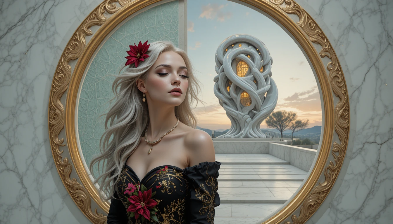 Glamorous woman in ornate oval frame on marble background