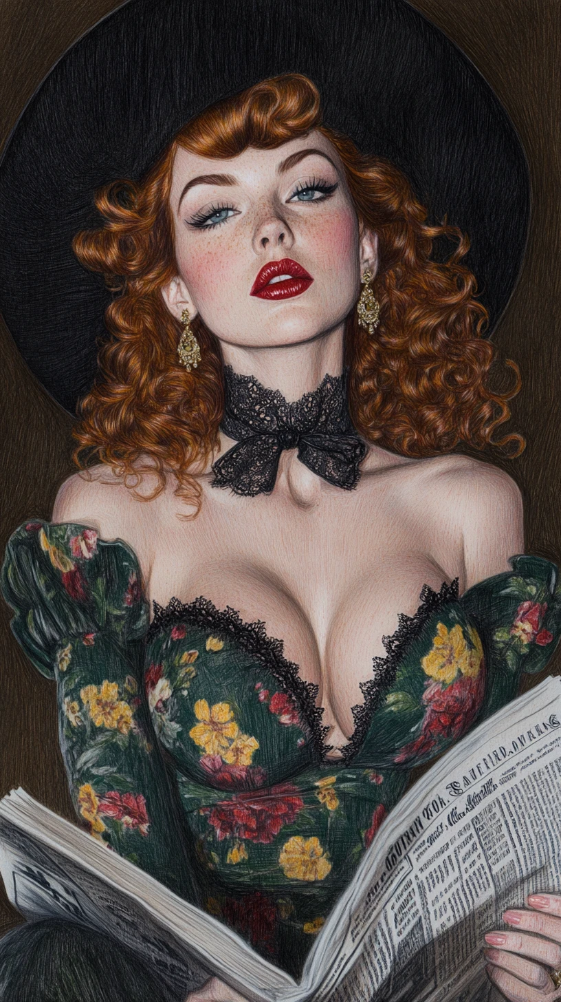Vintage pin up woman reading a newspaper in shadowy tones