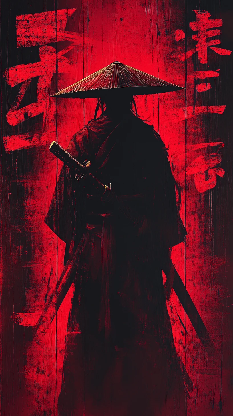 Silhouetted samurai under red light before kanji wall