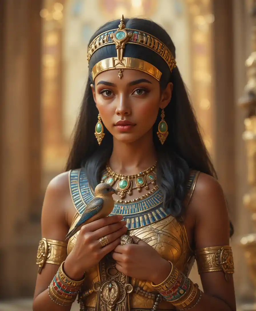 Ancient Egyptian queen holding a small bird in her hands