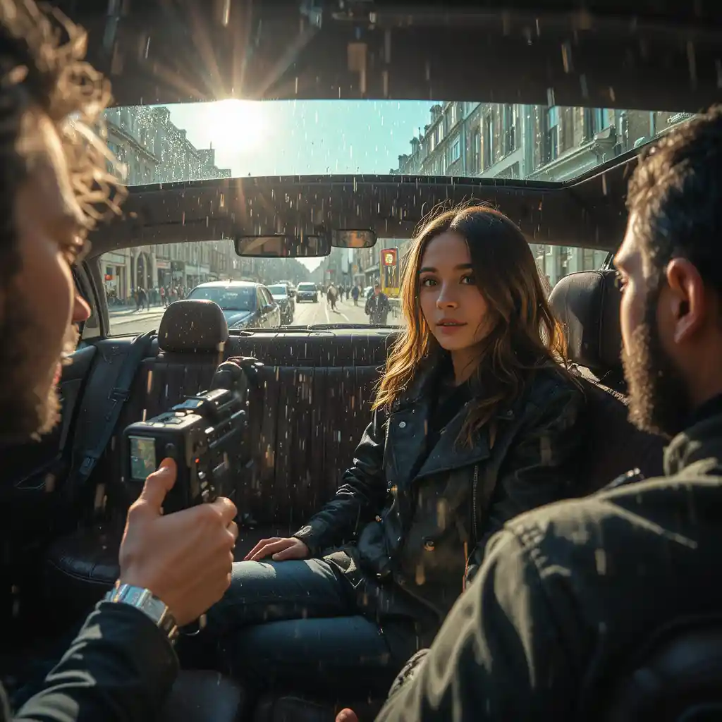 Joyful musician interviewed in the back seat of a limo