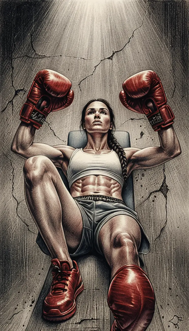 Athletic female boxer in low angle defensive ring portrait