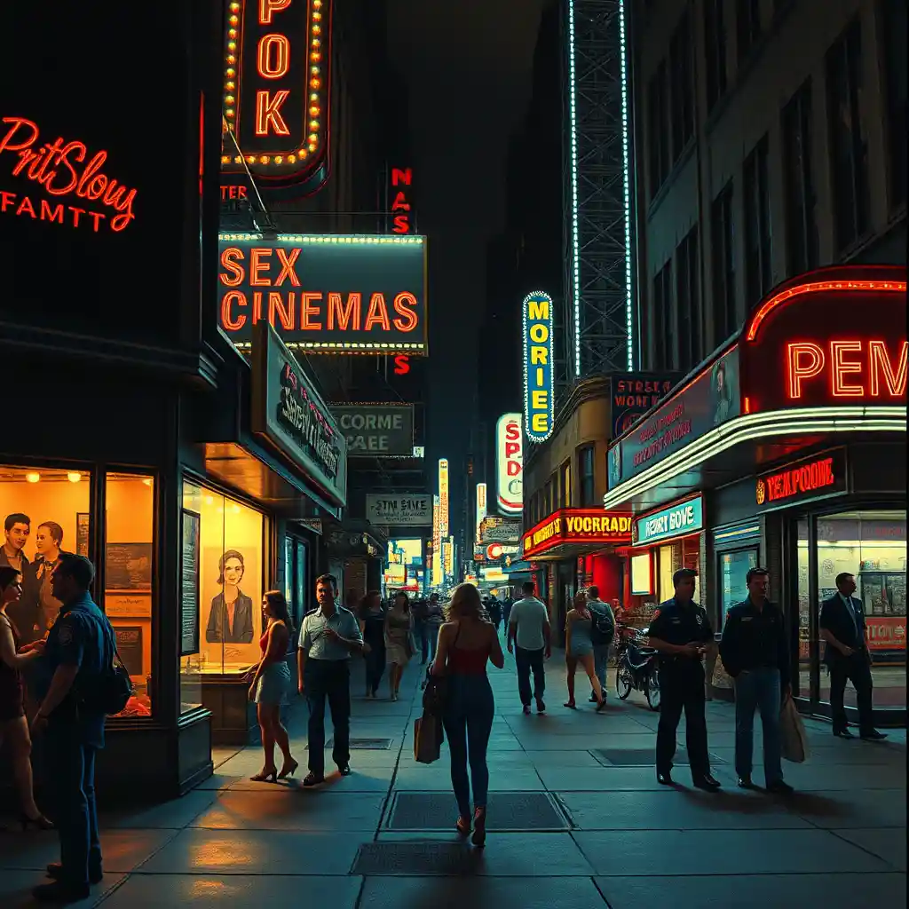 Close up of sad street workers on neon lit New York avenue