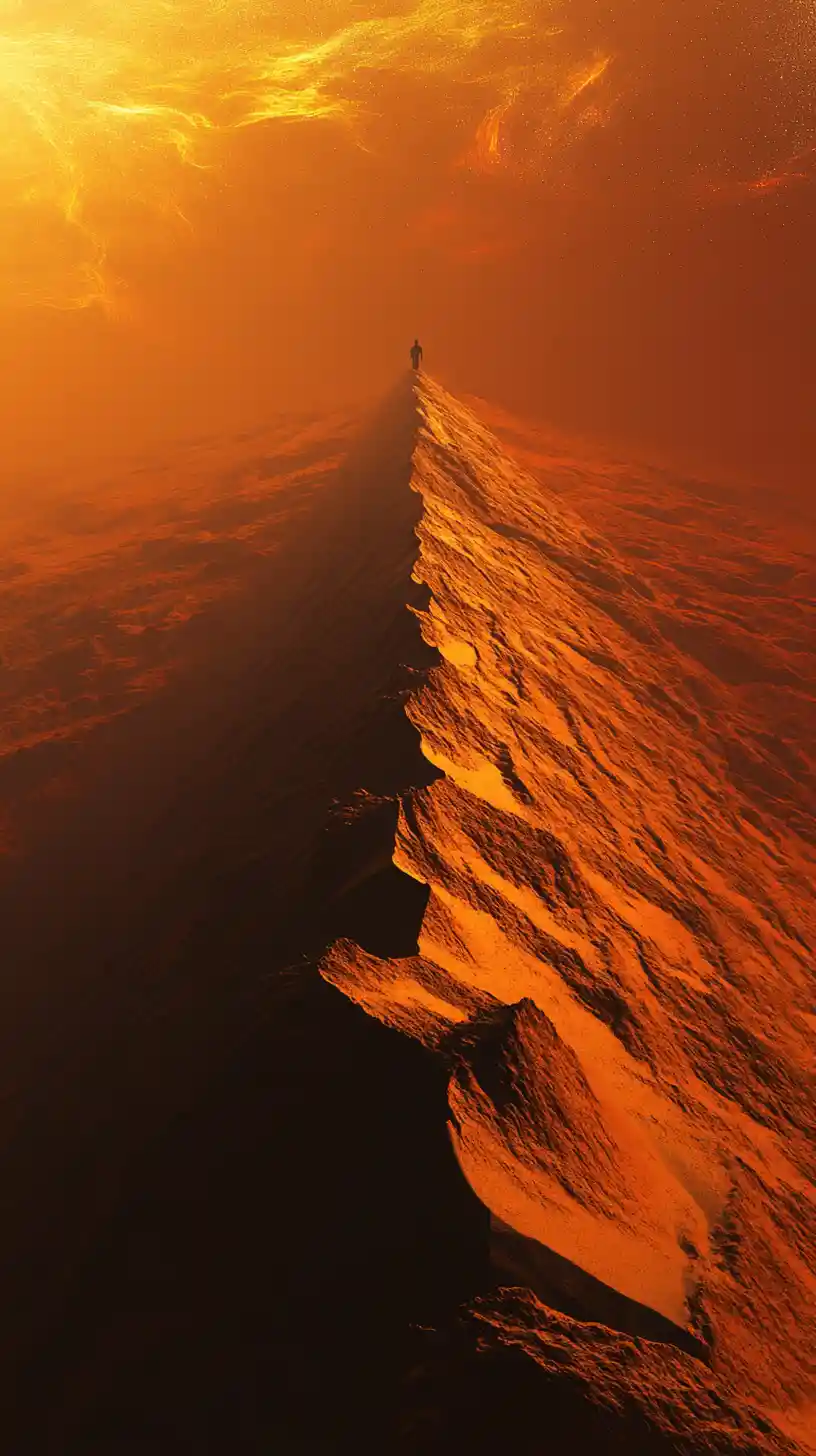 Lone figure atop glowing desert dune at cosmic sunset