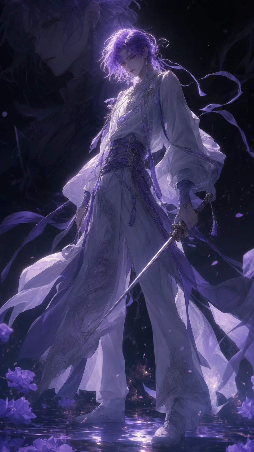 Melancholic purple haired swordsman in dark fantasy aura