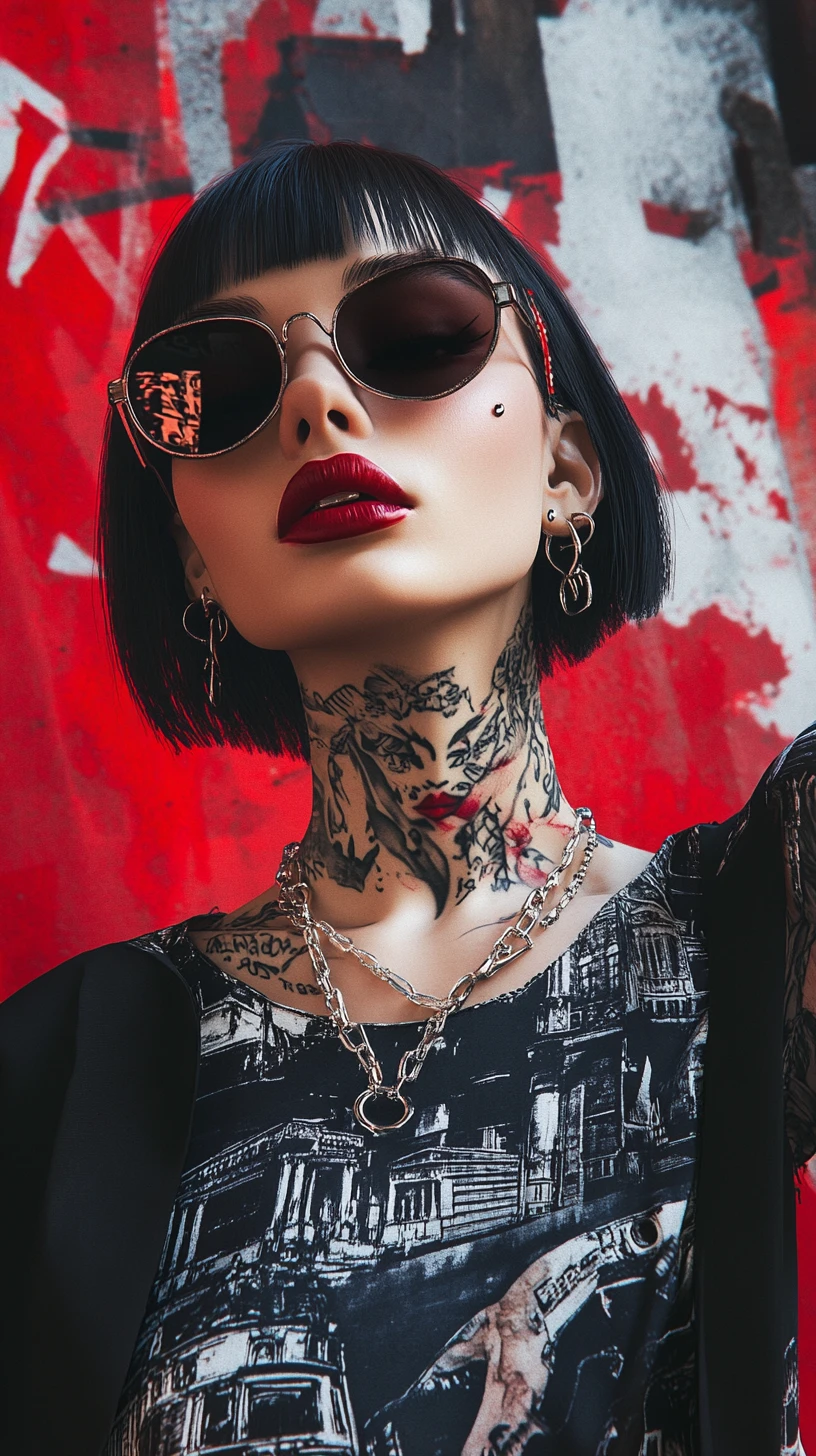 Tattooed woman in sunglasses against red abstract graffiti